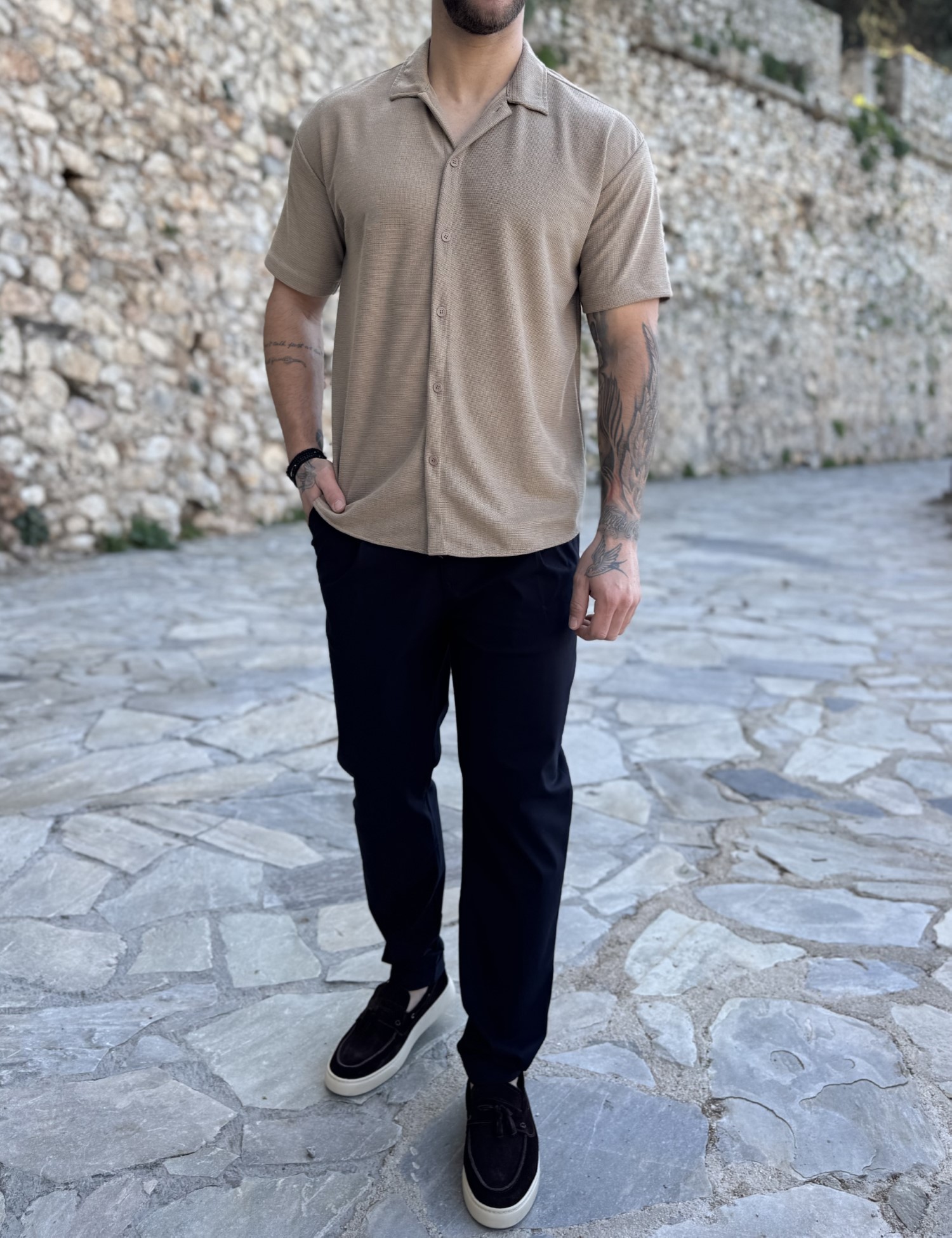 Ανδρικό πλεκτό καφέ κοντομάνικο πουκάμισο RMZ19134K φωτογραφία